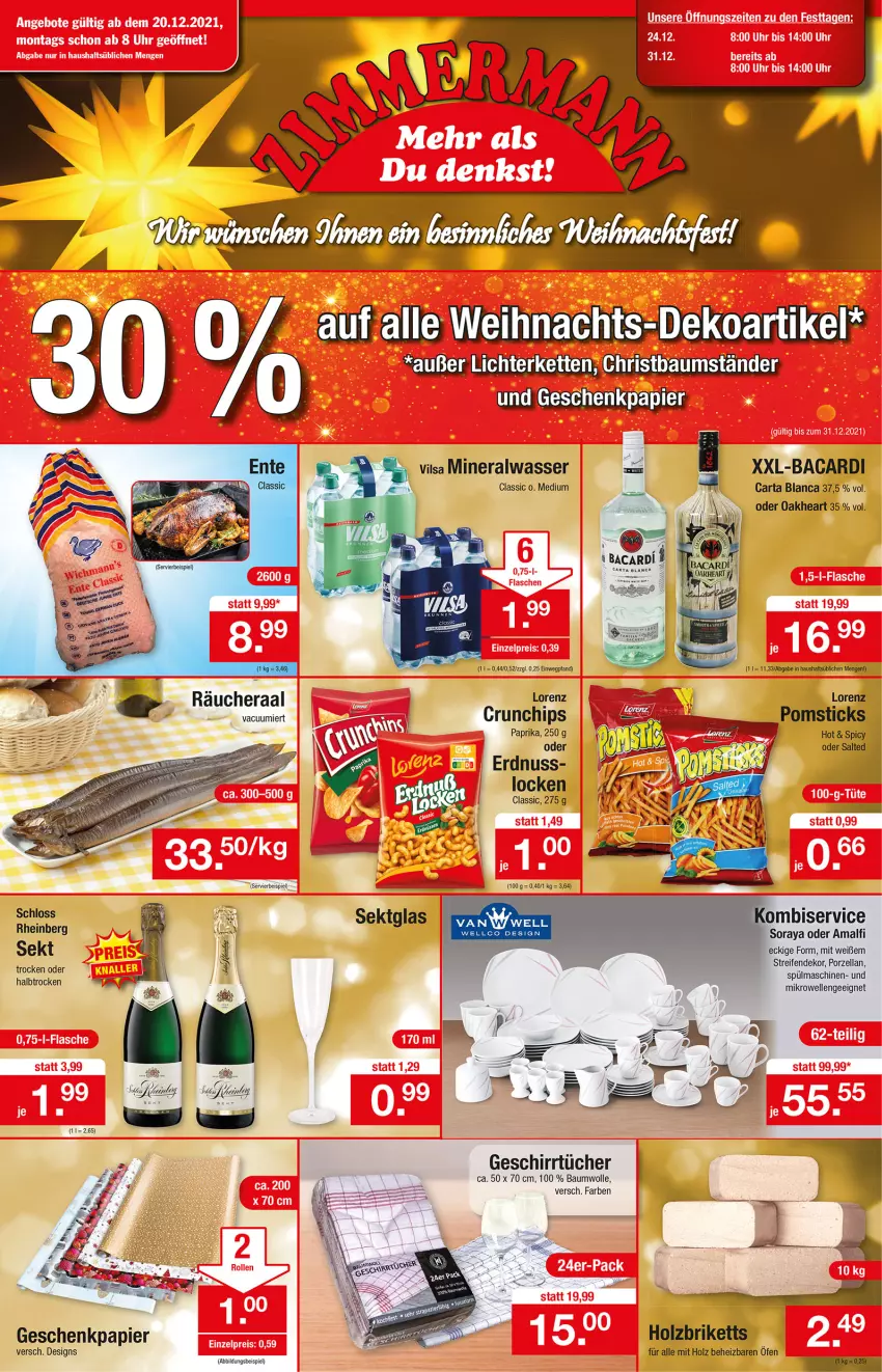 Aktueller Prospekt Zimmermann - Prospekte - von 20.12 bis 31.12.2021 - strona 1 - produkty: Alwa, bacardi, Bau, baumwolle, briketts, eis, elle, erdnuss, Geschenkpapier, geschirr, geschirrtücher, Holz, Holzbriketts, Kette, lichterkette, mikrowelle, mineralwasser, nuss, oakheart, papier, reifen, sekt, spülmaschinen, Ti, tücher, wasser, Weihnachts-Deko, wellco design, wolle, Yo