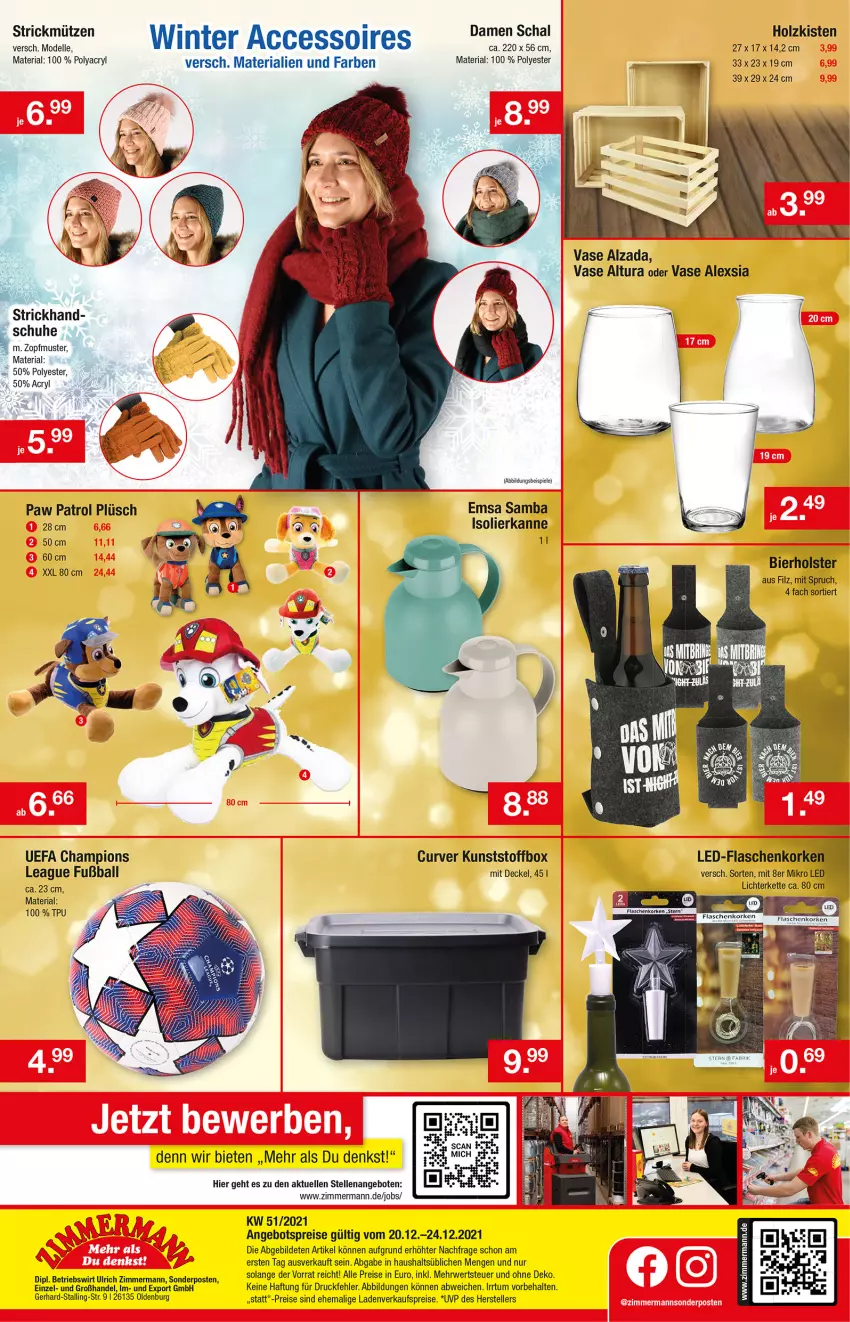 Aktueller Prospekt Zimmermann - Prospekte - von 20.12 bis 31.12.2021 - strona 8 - produkty: angebot, angebote, angebotspreis, ball, bier, champion, decke, Deckel, dell, dip, eis, elle, emsa, flasche, Fußball, Holz, isolierkanne, Kette, lichterkette, Mode, Mütze, Paw Patrol, Plüsch, reis, Ria, rwe, Schal, schuhe, sonderposten, Spiele, teller, Ti, Vase