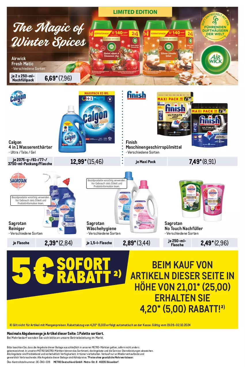 Aktueller Prospekt Metro - Starke Marken - von 19.09 bis 02.10.2024 - strona 12 - produkty: abholpreise, airwick, angebot, angebote, auto, calgon, eis, Finish, flasche, geschirr, geschirrspülmittel, ilag, LG, Metro, metro gastro, Palette, Rauch, reiniger, reis, rwe, sagrotan, spülmittel, Ti, tisch, wasser, wasserenthärter, WICK