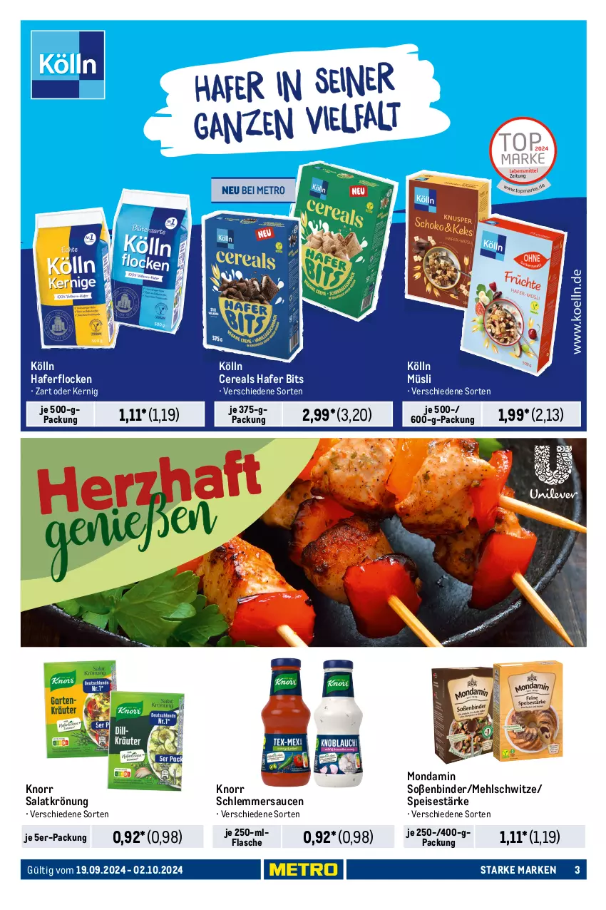 Aktueller Prospekt Metro - Starke Marken - von 19.09 bis 02.10.2024 - strona 3 - produkty: Becher, bourbon, bourbon vanille, cereals, Dr. Oetker, eis, flasche, götterspeise, grütze, hafer, haferflocken, knorr, kölln, LG, Löffel, mehl, milch, milchreis, mondamin, müsli, philadelphia, pudding, reis, salat, salatkrönung, sauce, saucen, schlemmersauce, schlemmersaucen, Soße, Ti, vanille