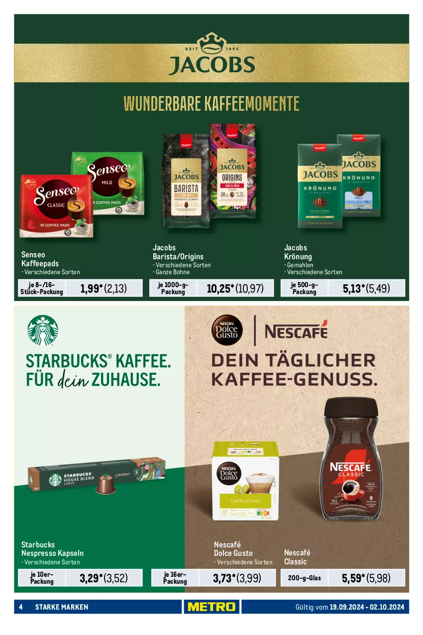 Aktueller Prospekt Metro - Starke Marken - von 19.09 bis 02.10.2024 - strona 4 - produkty: bacardi, Bergamotte, bohne, dolce gusto, espresso, flasche, frucht, getränk, getränke, gin, jacobs, jacobs krönung, kaffee, kaffeepads, Kamill, kamille, loreal, mac, martini, Nescafé, nespresso, Palette, senseo, starbucks, Ti, Tiere, Vermouth