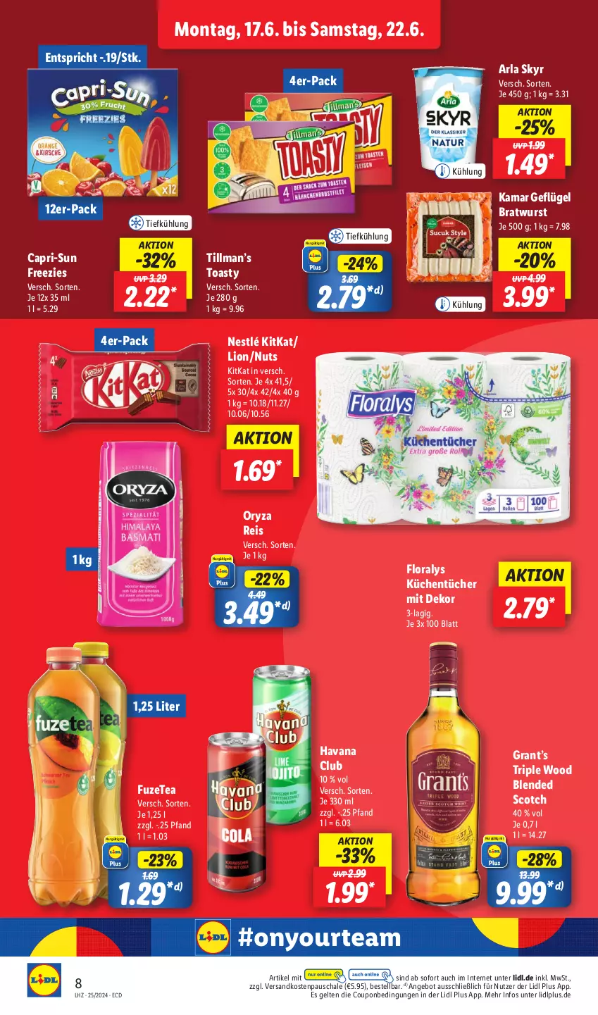 Aktueller Prospekt Lidl - Aktionsprospekt - von 17.06 bis 22.06.2024 - strona 12 - produkty: angebot, arla, arla skyr, blended scotch, bratwurst, Cap, capri-sun, coupon, eis, Floralys, fuzetea, Geflügel, Havana Club, kitkat, küche, Küchen, küchentücher, lion, ndk, nestlé, oryza, reis, Schal, Schale, scotch, Skyr, Ti, toast, toasty, tücher, wurst, Yo