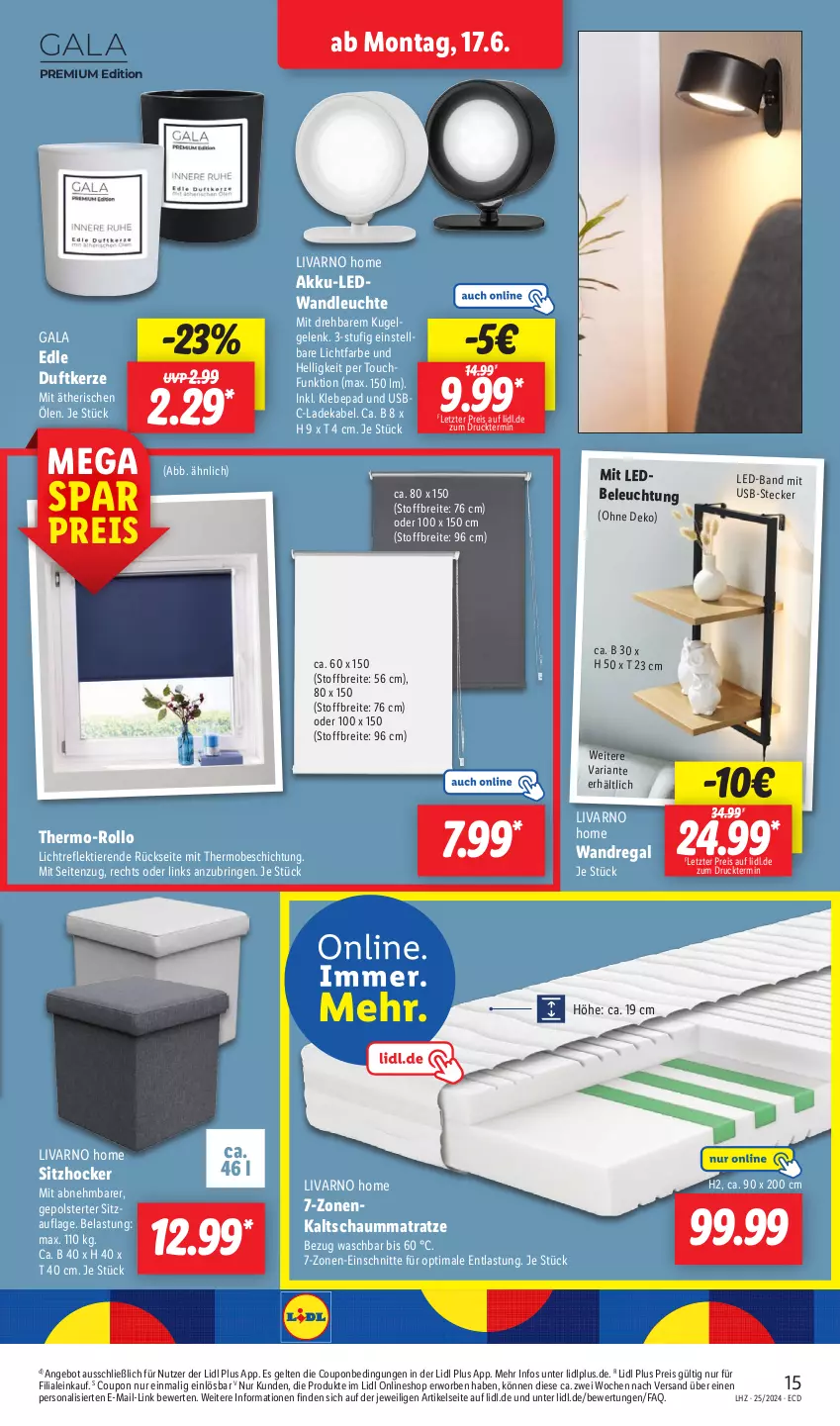 Aktueller Prospekt Lidl - Aktionsprospekt - von 17.06 bis 22.06.2024 - strona 19 - produkty: akku, angebot, beleuchtung, Brei, coupon, deka, Duftkerze, eis, hocker, kaltschaummatratze, kerze, Kugel, ladekabel, Leuchte, matratze, Persona, regal, reis, Ria, ring, Schaummatratze, Sitzauflage, thermo-rollo, Ti, Tiere, usb, wandregal, ZTE