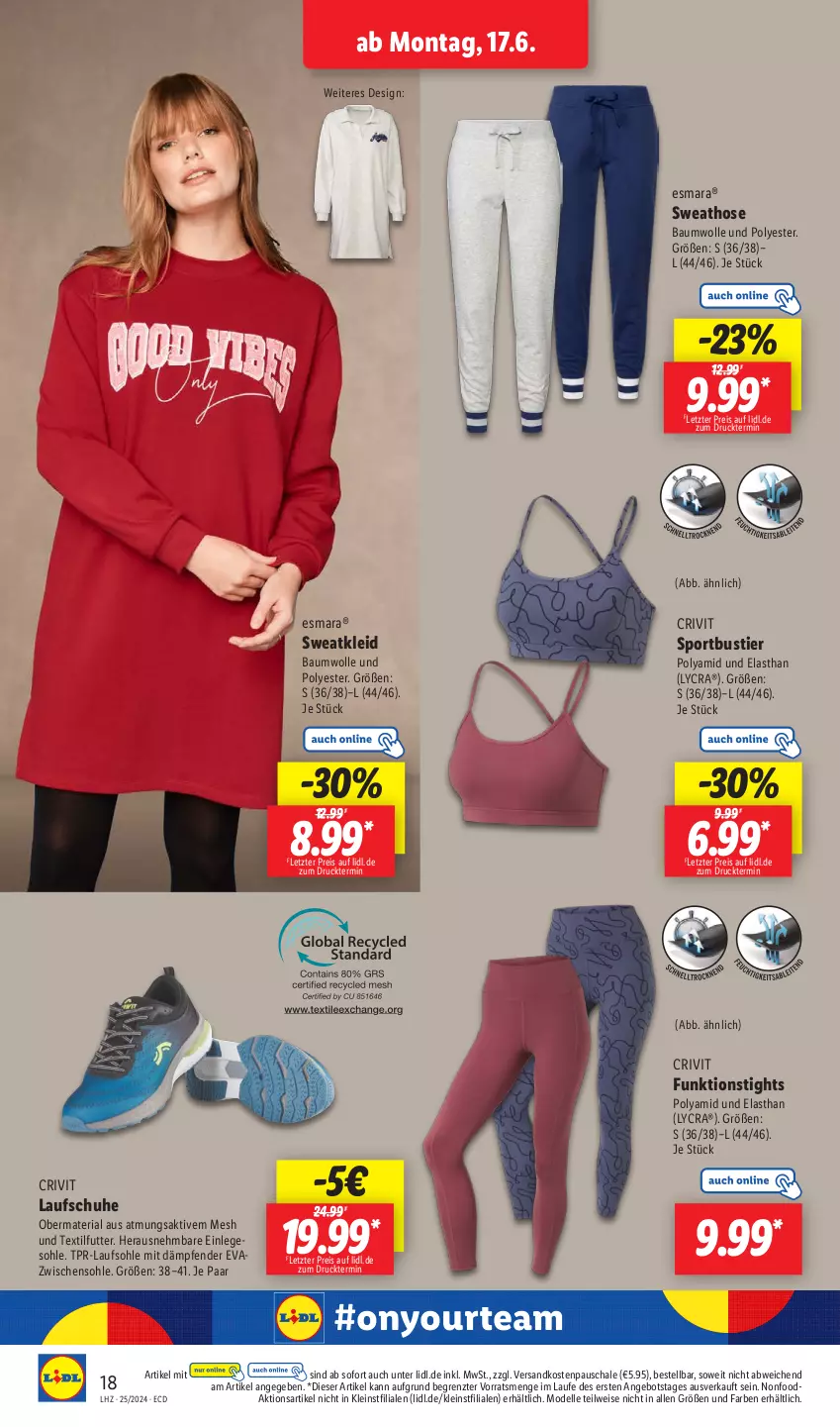 Aktueller Prospekt Lidl - Aktionsprospekt - von 17.06 bis 22.06.2024 - strona 22 - produkty: angebot, Bau, baumwolle, crivit, dell, eis, elle, esmara, hose, kleid, Laufschuhe, Mode, ndk, reis, Ria, Schal, Schale, schuhe, Sport, Stier, Sweathose, Sweatkleid, Ti, wolle, Yo, ZTE