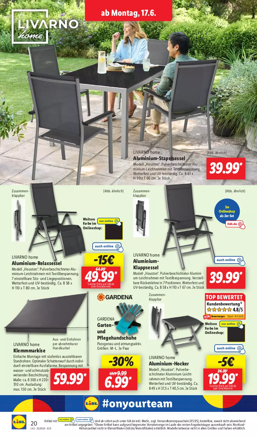 Aktueller Prospekt Lidl - Aktionsprospekt - von 17.06 bis 22.06.2024 - strona 24 - produkty: angebot, dell, eis, elle, gardena, Garten, handschuhe, hocker, klappsessel, Klemmmarkise, Liege, Mode, ndk, reis, rel, relaxsessel, rückenlehne, Schal, Schale, schuhe, sessel, stapelsessel, Ti, wasser, Yo, ZTE