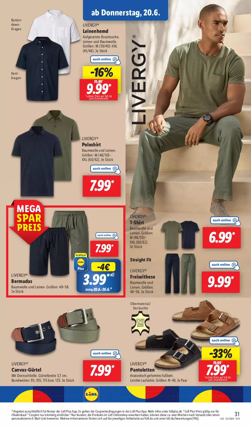 Aktueller Prospekt Lidl - Aktionsprospekt - von 17.06 bis 22.06.2024 - strona 39 - produkty: angebot, Bau, baumwolle, bermuda, bermudas, bett, Brei, coupon, decksohle, eis, hemd, hose, leine, livergy, pantolette, pantoletten, Persona, poloshirt, reis, Ria, shirt, T-Shirt, Tasche, Ti, wolle, ZTE