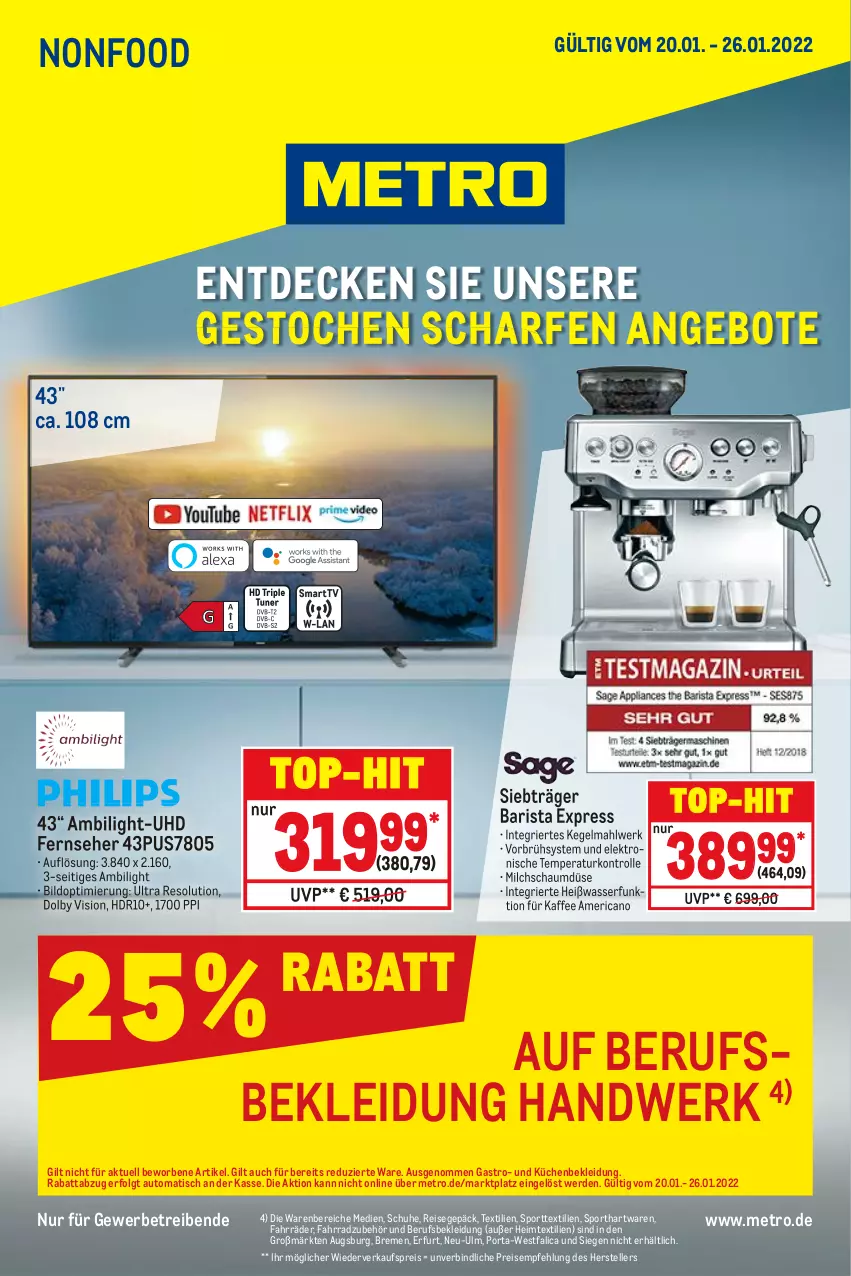 Aktueller Prospekt Metro - NonFood - von 20.01 bis 26.01.2022 - strona 1 - produkty: angebot, angebote, auto, decke, eis, Elektro, elle, erde, Fahrrad, fernseher, heimtextilien, kaffee, kleid, Kleidung, küche, Küchen, LG, Metro, milch, reis, schuhe, Sport, teller, Ti, tisch, top-hit, uhd, wasser