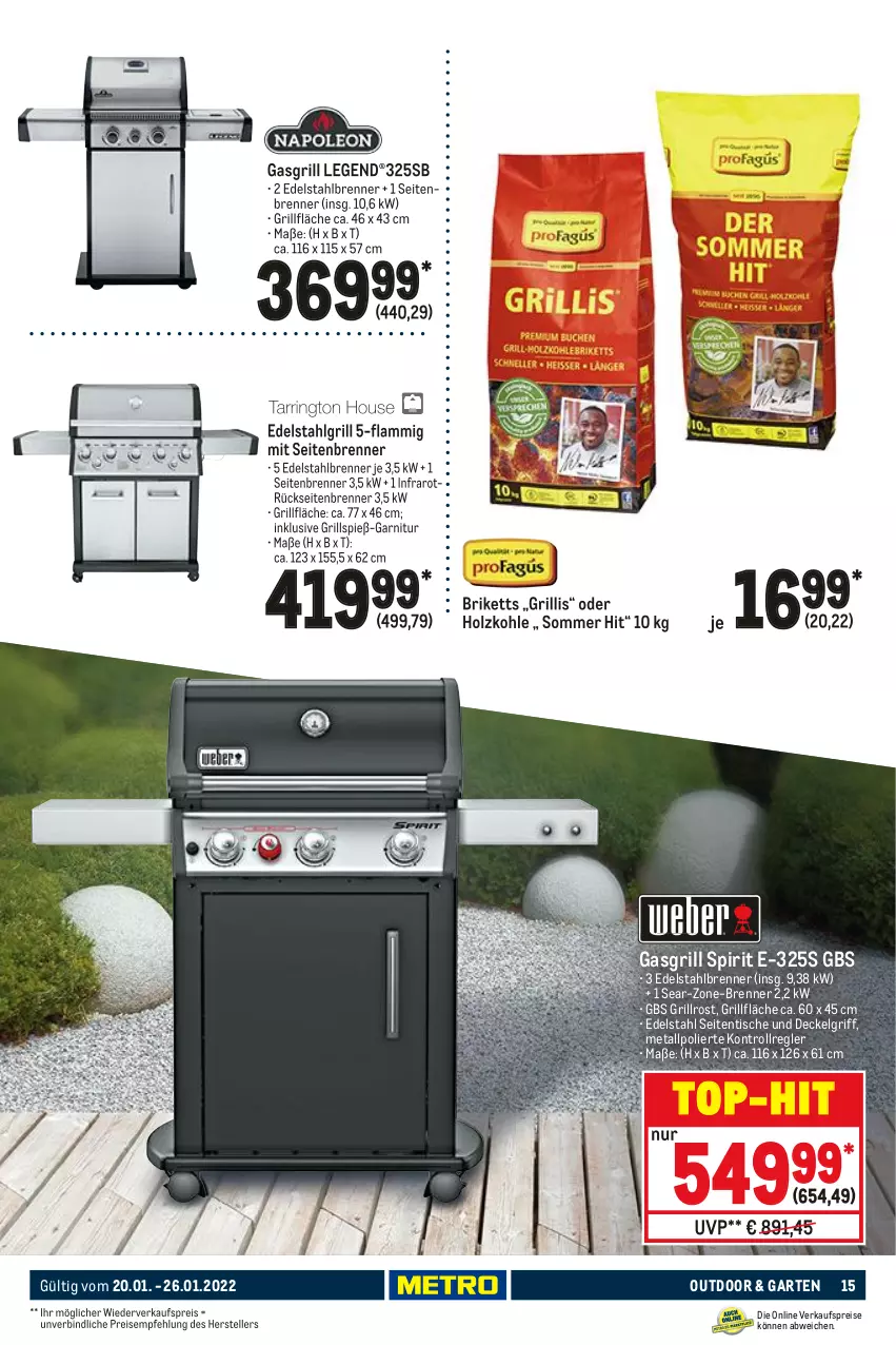 Aktueller Prospekt Metro - NonFood - von 20.01 bis 26.01.2022 - strona 15 - produkty: briketts, decke, Deckel, edelstahl, eis, elle, garnitur, Garten, gasgrill, grill, grillfläche, grillrost, Holz, holzkohle, lamm, LG, reis, teller, Ti, tisch, top-hit