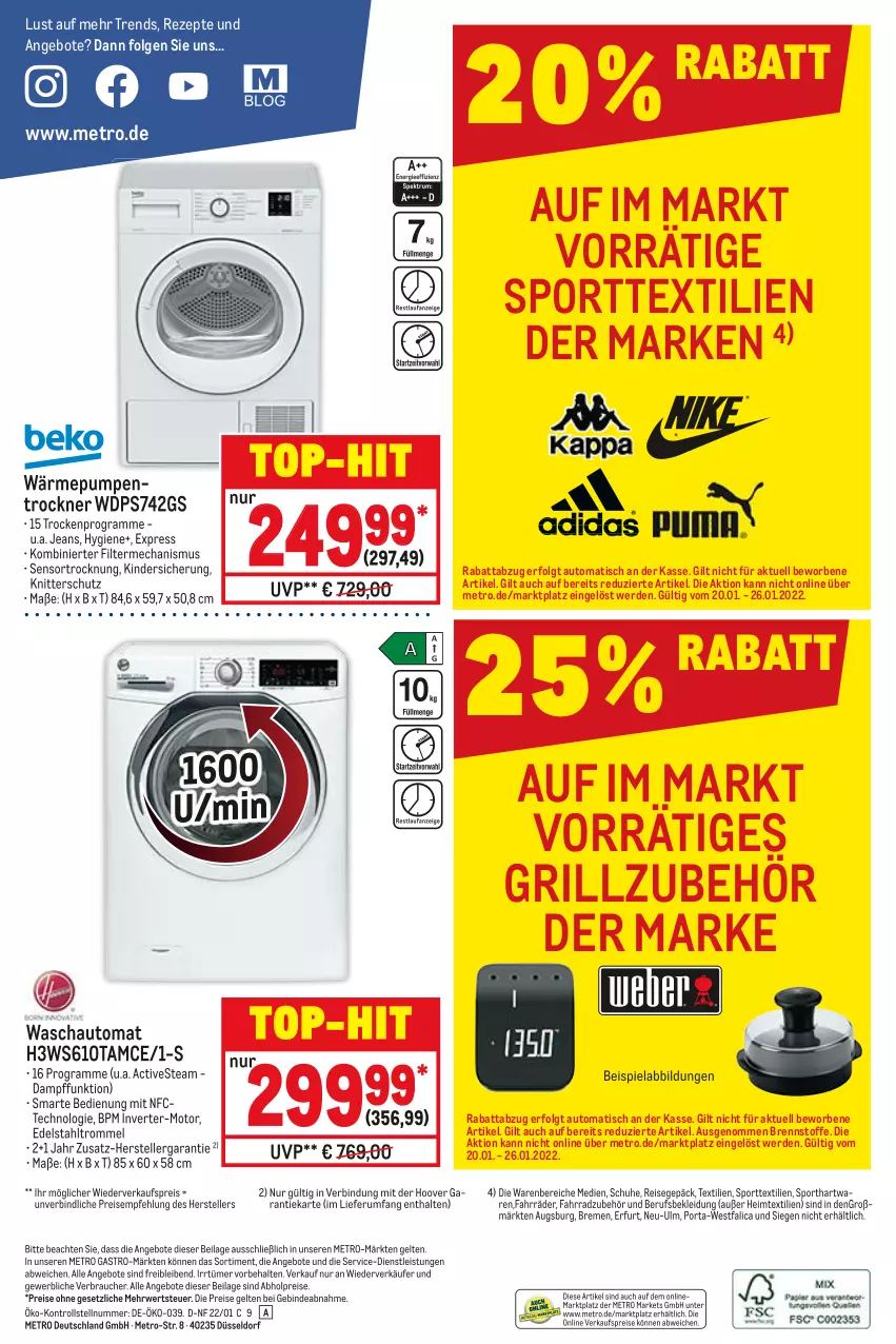 Aktueller Prospekt Metro - NonFood - von 20.01 bis 26.01.2022 - strona 20 - produkty: abholpreise, angebot, angebote, auto, beispielabbildung, edelstahl, eis, elle, erde, Fahrrad, grill, Grillzubehör, heimtextilien, hoover, ilag, jeans, Kinder, kleid, Kleidung, LG, Metro, metro gastro, Rauch, reis, rezept, rezepte, rum, rwe, schuhe, Sport, teller, Ti, tisch, top-hit, Trockner, trommel, wärmepumpentrockner