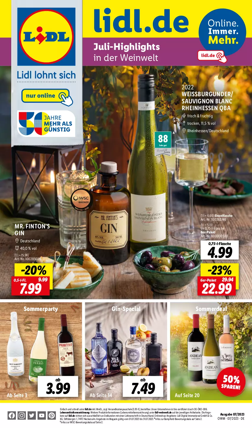 Aktueller Prospekt Lidl - Juli-Highlights in der Weinwelt - von 01.07 bis 31.07.2023 - strona 1 - produkty: angebot, angebote, bio, burgunder, eis, erde, flasche, frucht, gin, lebensmittel, magazin, ndk, sauvignon, sauvignon blanc, Schal, Schale, Ti, wein