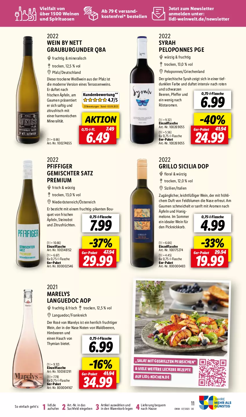 Aktueller Prospekt Lidl - Juli-Highlights in der Weinwelt - von 01.07 bis 31.07.2023 - strona 11 - produkty: beere, beeren, blume, blumen, burgunder, elle, flasche, frucht, früchte, früchten, Gemischter Satz, grauburgunder, grill, grillo, himbeer, himbeere, himbeeren, honig, honigmelone, korb, melone, Mode, ndk, obst, pfeffer, pfirsich, pfirsiche, Picknickkorb, rel, rezept, rezepte, saft, salat, spirituosen, Ti, versandkostenfrei, wein, weine, Weißwein