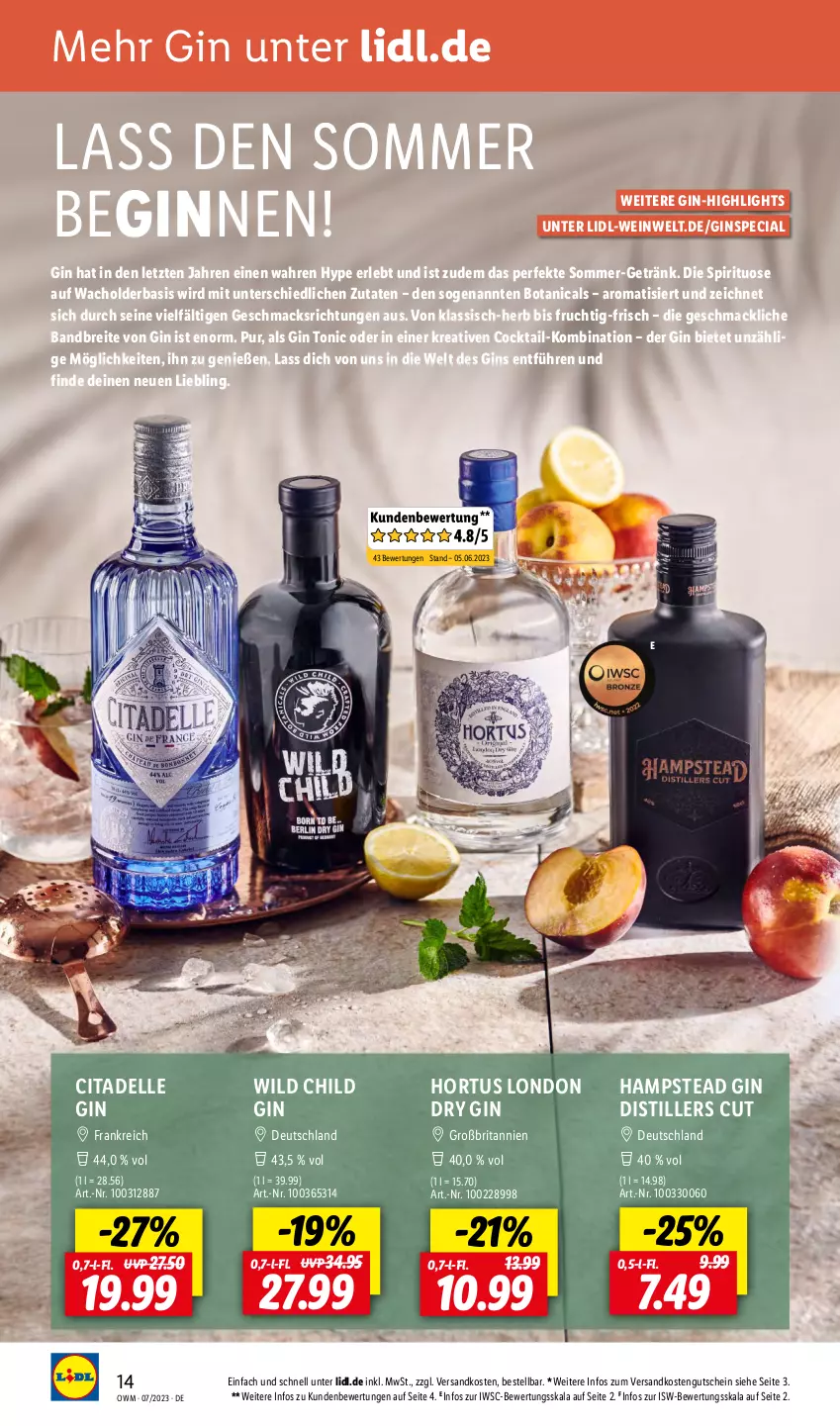 Aktueller Prospekt Lidl - Juli-Highlights in der Weinwelt - von 01.07 bis 31.07.2023 - strona 14 - produkty: Brei, brita, cocktail, dell, dry gin, elle, frucht, getränk, gin, gutschein, london dry, london dry gin, mac, ndk, Ti, tonic, wein, Wild, ZTE