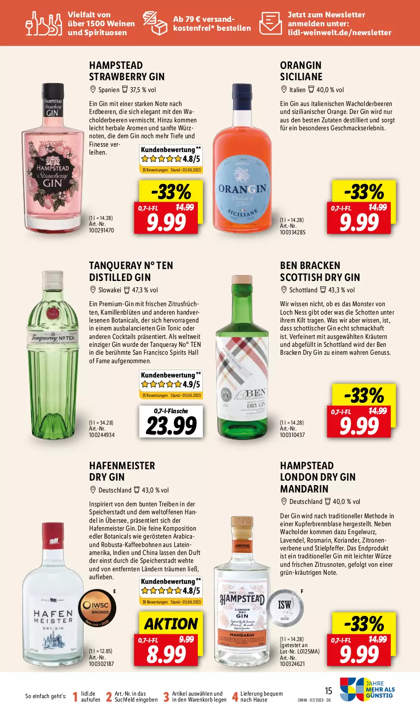 Aktueller Prospekt Lidl - Juli-Highlights in der Weinwelt - von 01.07 bis 31.07.2023 - strona 15 - produkty: beere, beeren, Blüte, bohne, bohnen, cocktail, cocktails, dry gin, eis, elle, Engel, erdbeere, erdbeeren, finesse, flasche, früchte, früchten, gin, kaffee, kaffeebohnen, Kamill, kamille, korb, Koriander, kräuter, kräutern, lavendel, LG, london dry, london dry gin, mac, Meister, monster, ndk, nuss, orange, pfeffer, Ria, rosmarin, schott, spirituosen, Tanqueray, Ti, tisch, tonic, usb, versandkostenfrei, wein, weine, zitrone, zitronen