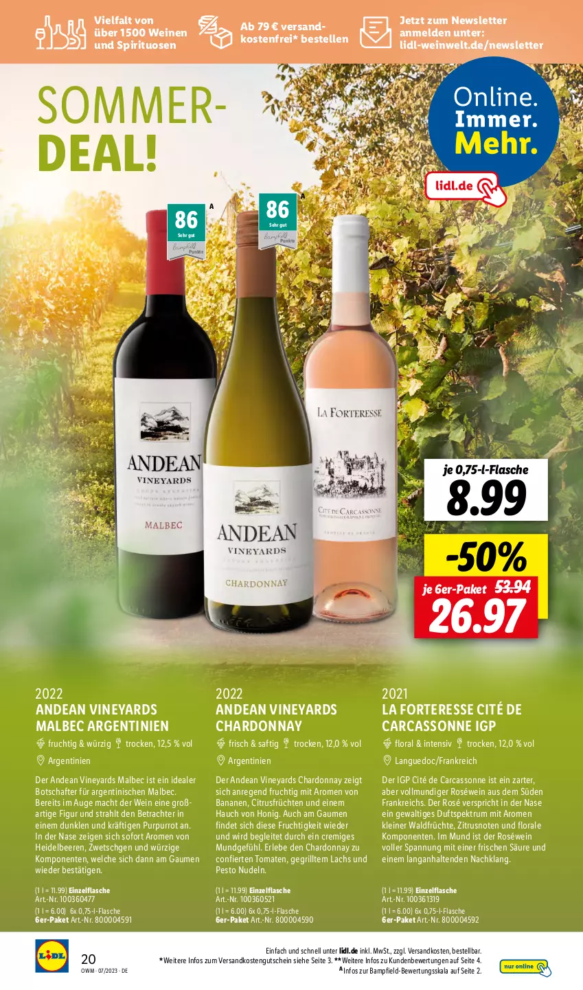 Aktueller Prospekt Lidl - Juli-Highlights in der Weinwelt - von 01.07 bis 31.07.2023 - strona 20 - produkty: banane, bananen, beere, beeren, chardonnay, citrus, elle, ente, erde, flasche, frucht, früchte, früchten, grill, gutschein, heidelbeere, heidelbeeren, honig, lachs, leine, mac, ndk, nudel, nudeln, pesto, roséwein, rum, saft, Spektrum, spirituosen, Ti, tomate, tomaten, versandkostenfrei, wein, weine