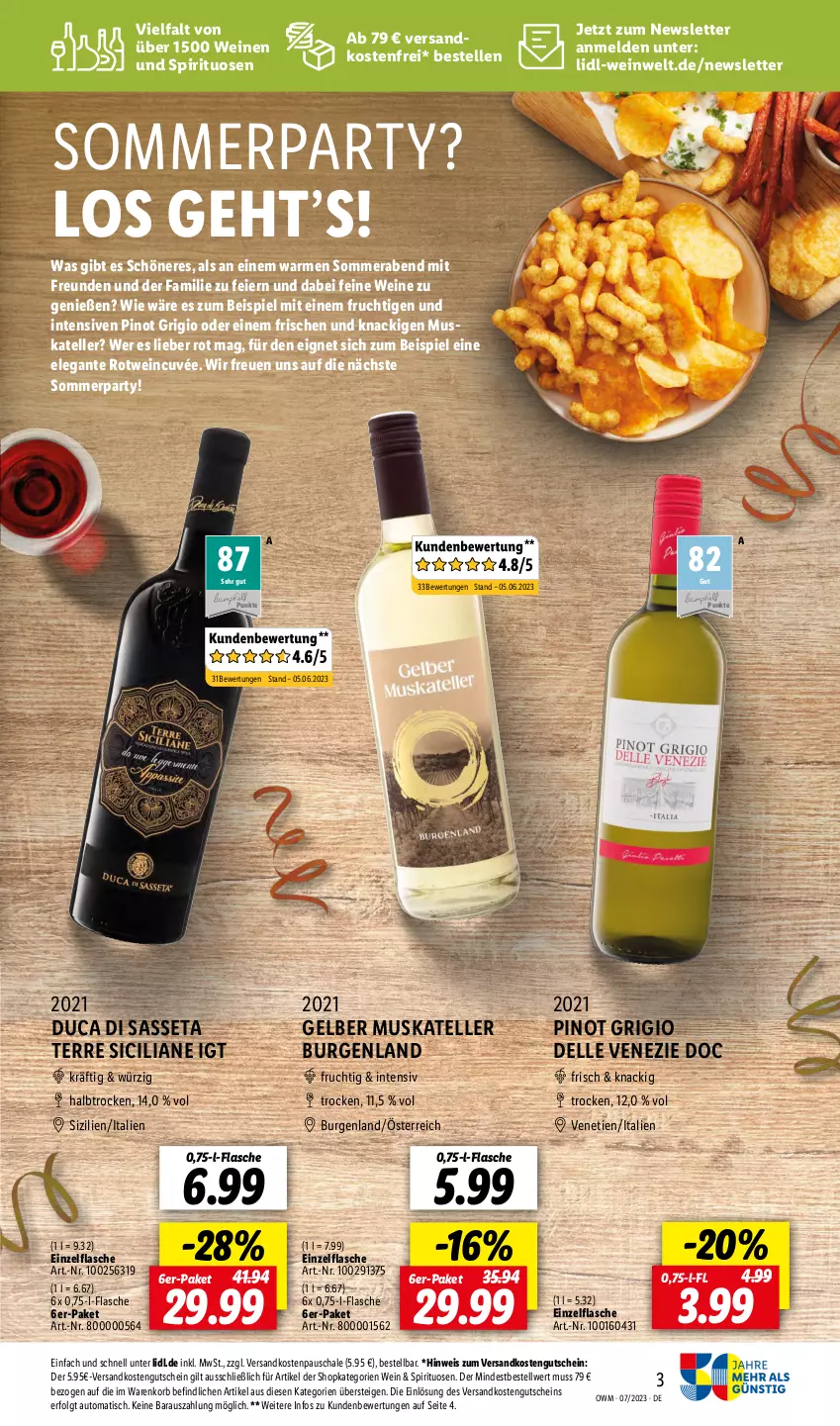 Aktueller Prospekt Lidl - Juli-Highlights in der Weinwelt - von 01.07 bis 31.07.2023 - strona 3 - produkty: auto, cuvée, dell, eier, eis, elle, flasche, frucht, Gelber Muskateller, gutschein, korb, LG, ndk, Pinot, pinot grigio, rotwein, Schal, Schale, spirituosen, teller, Ti, tisch, versandkostenfrei, wein, weine