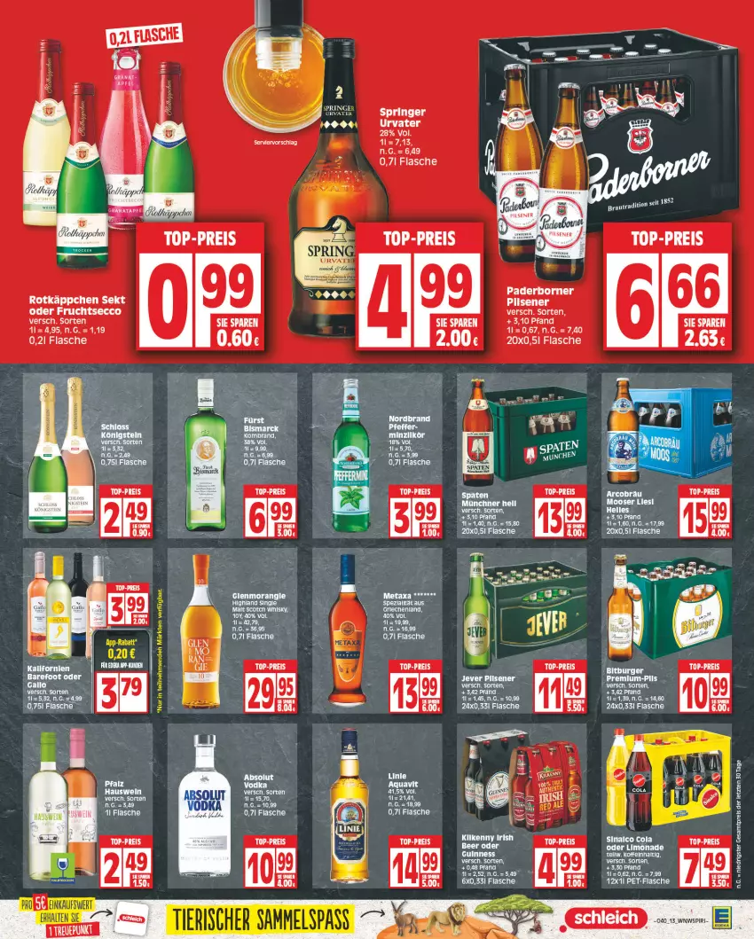 Aktueller Prospekt E Center - Angebote der Woche - von 02.10 bis 07.10.2023 - strona 13 - produkty: Absolut Vodka, aqua, aquavit, bitburger, burger, cola, ecco, eis, flasche, frucht, fruchtsecco, jever, limo, limonade, Metaxa, ombra, pet-flasche, pils, pilsener, reis, ring, rotkäppchen, sekt, sinalco, single malt, tee, Ti, top-preis, vodka, ZTE