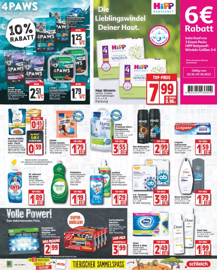 Aktueller Prospekt E Center - Angebote der Woche - von 02.10 bis 07.10.2023 - strona 14 - produkty: alleinfuttermittel, arla, axe, Bad, batterie, batterien, Bau, beutel, bio, body, bodyspray, colgate, creme, deka, deo, dove, duschbad, elle, ente, flasche, geschirr, geschirrspülmittel, gin, hipp, klumpstreu, küche, Küchen, küchenrolle, küchenrollen, LG, natur, O.b., olive, palmolive, purina, Rauch, reiniger, rwe, Schal, Schale, snack, snacks, Softlan, spülmittel, Tampon, tampons, tee, Ti, weichspüler, windeln, zahncreme