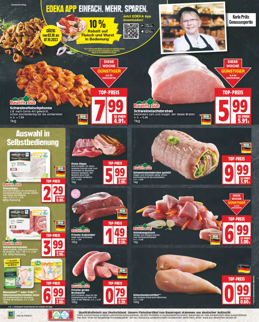 Aktueller Prospekt E Center - Angebote der Woche - von 02.10 bis 07.10.2023 - strona 4 - produkty: arla, auer, backofen, Bau, Bauer, bauerngut, braten, discount, eintopf, eis, elle, fleisch, fleischkäse, gewürz, grill, gulasch, gyros, hähnchenbrust, henkel, HP, Kalbsleber, Käse, küche, Küchen, lachs, Lachsbraten, lebensmittel, LG, natur, nero, nuss, Ofen, pfanne, reis, rouladen, saft, schenkel, schinken, schwein, schweine, schweinefleisch, Schweinelachs, Schweineroulade, Ti, top-preis, topf, wein, weine, wiesenhof