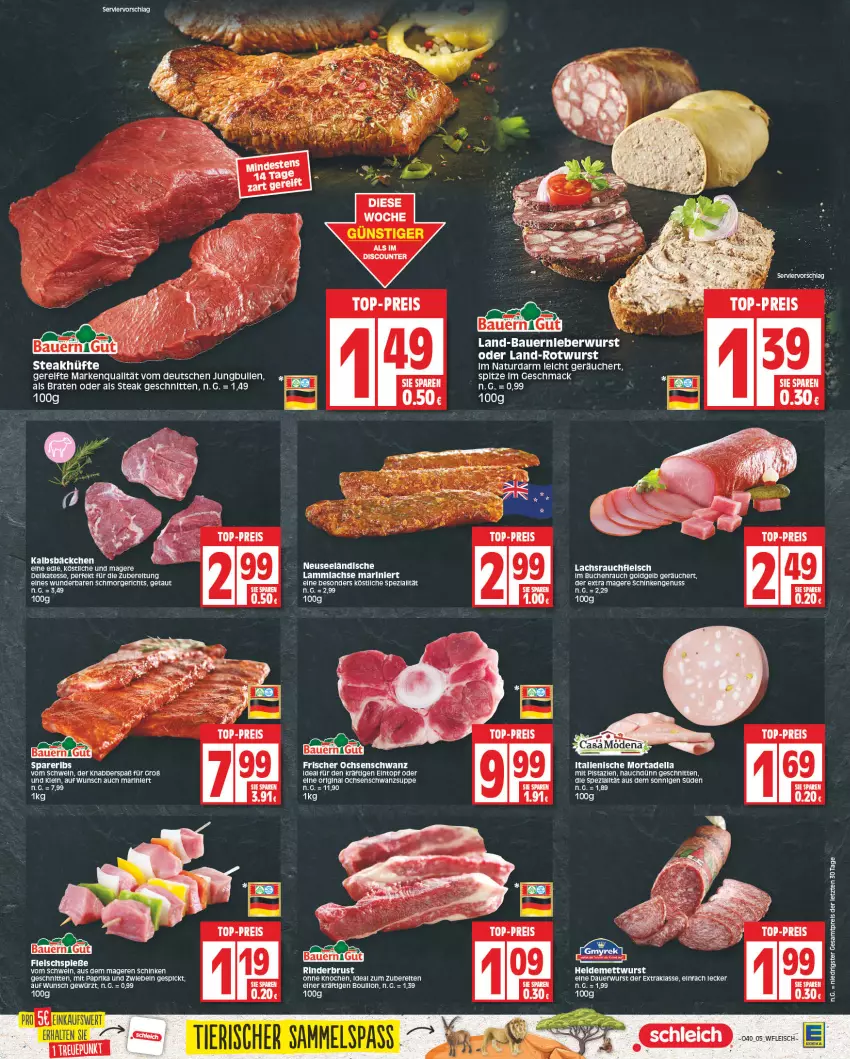 Aktueller Prospekt E Center - Angebote der Woche - von 02.10 bis 07.10.2023 - strona 5 - produkty: auer, Bau, Bauer, braten, buch, dell, discount, eintopf, eis, fleisch, gewürz, gin, jungbullen, Kalbsbäckchen, lachs, lamm, leberwurst, mac, Mett, mettwurst, mit paprika, mit pistazien, mortadella, natur, nuss, paprika, pistazien, Rauch, reis, rel, Rotwurst, schinken, schnitten, schwein, spareribs, Spezi, steak, steakhüfte, suppe, Ti, top-preis, topf, wein, wurst, ZTE, zwiebel, zwiebeln