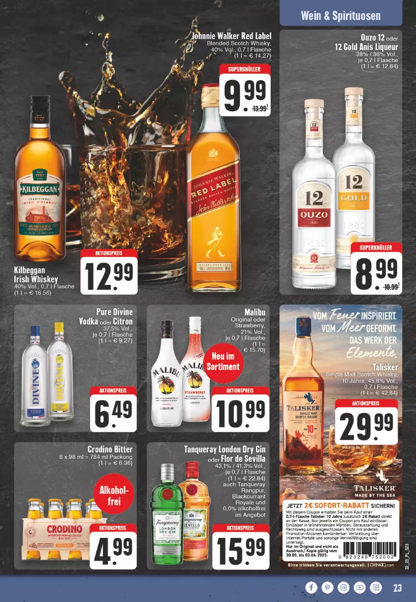 Aktueller Prospekt E Center - Angebote der Woche - von 29.05 bis 03.06.2023 - strona 23 - produkty: aktionspreis, alkohol, angebot, blended scotch, blended scotch whisky, Brei, coupon, Currant, drink, dry gin, eis, flasche, gin, irish whiskey, K2, kilbeggan, lack, london dry, london dry gin, Malibu, reis, scotch, scotch whisky, sofort-rabatt, spirituosen, Tanqueray, Ti, vodka, wein, whiskey, whisky