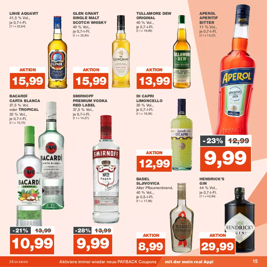 Aktueller Prospekt Real - Prospekt - von 31.07 bis 05.08.2023 - strona 15 - produkty: aperitif, aperol, aqua, aquavit, Bad, Cap, coupon, coupons, gin, Glen Grant, limo, payback, pflaume, pflaumen, premium vodka, scotch, scotch whisky, single malt, smirnoff, Ti, tullamore, tullamore dew, vodka, whisky