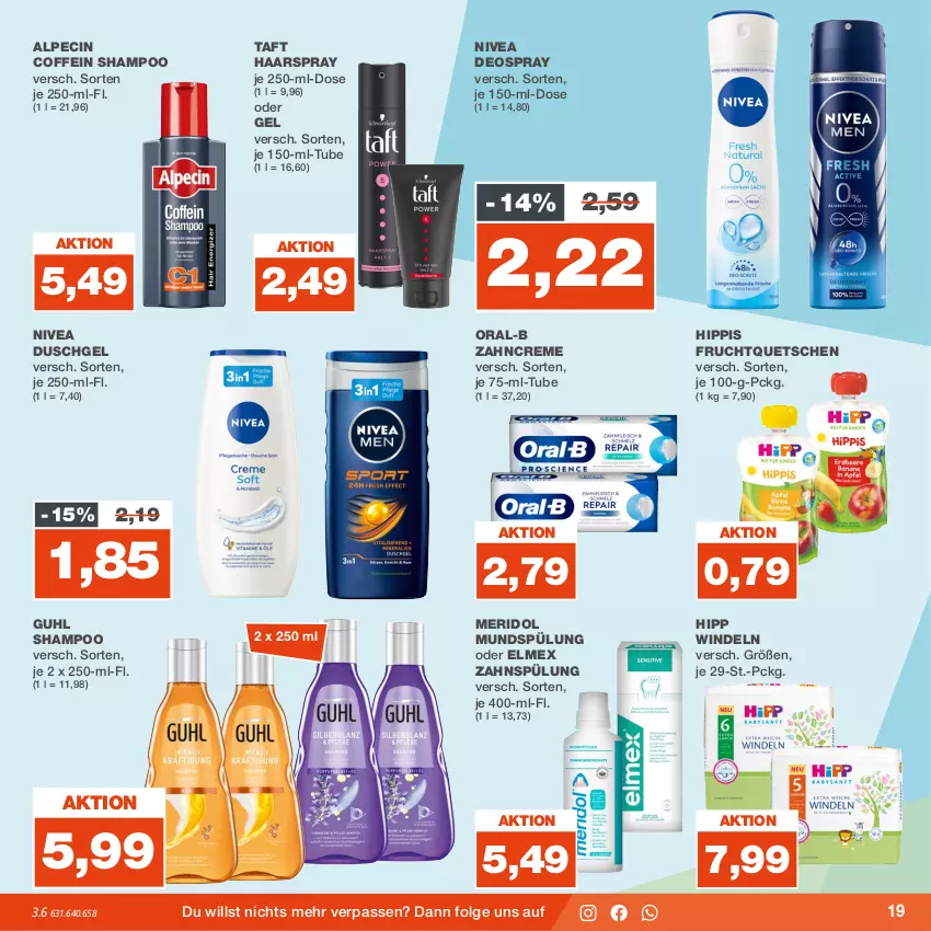 Aktueller Prospekt Real - Prospekt - von 31.07 bis 05.08.2023 - strona 19 - produkty: alpecin, cin, coffein, creme, deo, deospray, duschgel, elmex, frucht, Guhl, haarspray, hipp, LG, meridol, mundspülung, nivea, oral-b, shampoo, spülung, Taft, Ti, windeln, zahncreme