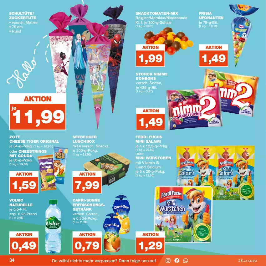 Aktueller Prospekt Real - Prospekt - von 31.07 bis 05.08.2023 - strona 34 - produkty: Berger, bonbons, Calcium, Cap, elle, erfrischungsgetränk, ferdi fuchs, getränk, gin, gouda, LG, lunchbox, mit gouda, natur, nimm2, rel, ring, salami, Schal, Schale, seeberger, snack, snacks, storck, String, Ti, tomate, tomaten, Tüte, vita, Vitamin B, volvic, würstchen, zott, zucker