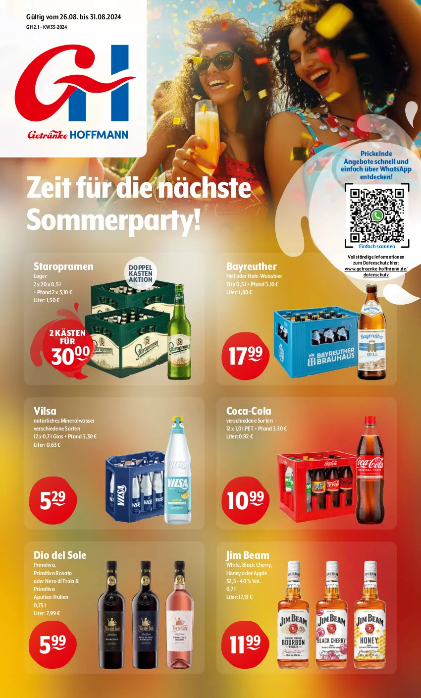 Aktueller Prospekt Getraenke Hoffmann - Prospekte - von 26.08 bis 31.08.2024 - strona 1 - produkty: Alwa, angebot, angebote, Apple, bier, coca-cola, cola, decke, eis, Hefe, jim beam, lack, mineralwasser, natürliches mineralwasser, nero, primitivo, rosato, Staropramen, Ti, vilsa, wasser, weissbier