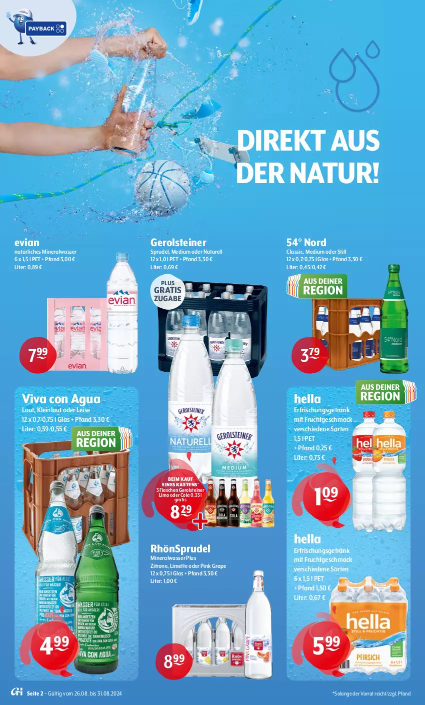 Aktueller Prospekt Getraenke Hoffmann - Prospekte - von 26.08 bis 31.08.2024 - strona 2 - produkty: Alwa, cola, eis, erfrischungsgetränk, flasche, frucht, gerolsteine, gerolsteiner, getränk, hella, limette, limo, mac, Mett, mineralwasser, mit frucht, natur, natürliches mineralwasser, rel, RhönSprudel, Sprudel, steiner, Ti, wasser, zitrone