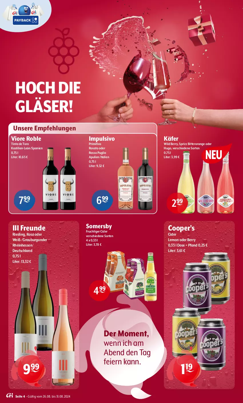 Aktueller Prospekt Getraenke Hoffmann - Prospekte - von 26.08 bis 31.08.2024 - strona 4 - produkty: asti, burgunder, cider, eier, frucht, Gläser, grauburgunder, hugo, käfer, orange, primitivo, riesling, rosato, somersby, Sprizz, Ti, Wild, wild berry