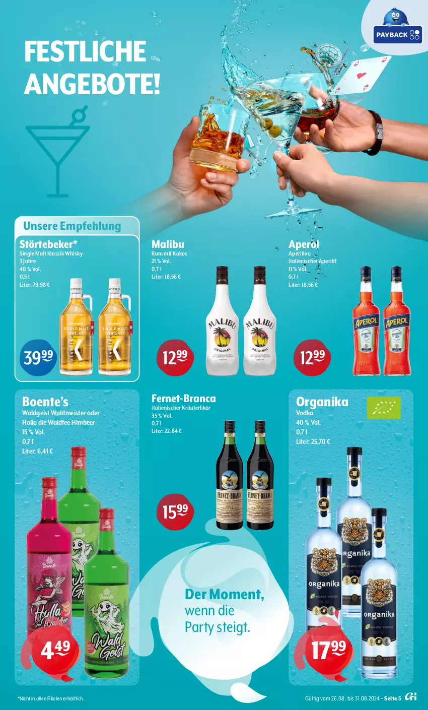 Aktueller Prospekt Getraenke Hoffmann - Prospekte - von 26.08 bis 31.08.2024 - strona 5 - produkty: angebot, angebote, aperitif, aperol, eis, ente, Fernet, himbeer, kokos, kräuter, kräuterlikör, likör, Malibu, Meister, rum, single malt, störtebeker, Ti, vodka, waldmeister, whisky