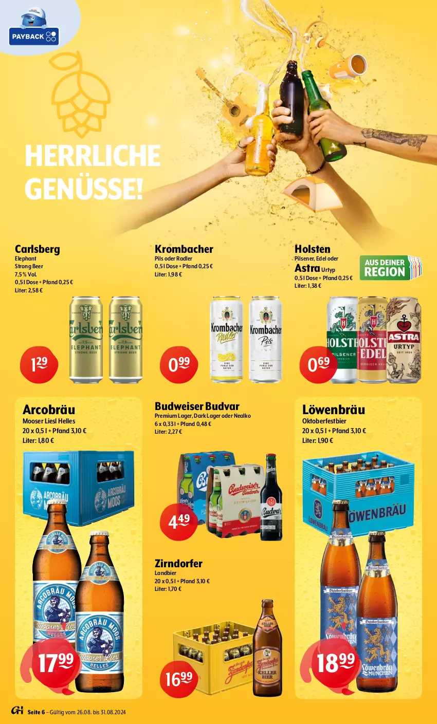 Aktueller Prospekt Getraenke Hoffmann - Prospekte - von 26.08 bis 31.08.2024 - strona 6 - produkty: Astra, bier, budweiser, carlsberg, eis, elle, holsten, holsten pilsener, krombache, krombacher, krombacher pils, oder radler, pils, pilsener, radler, Ti, urtyp