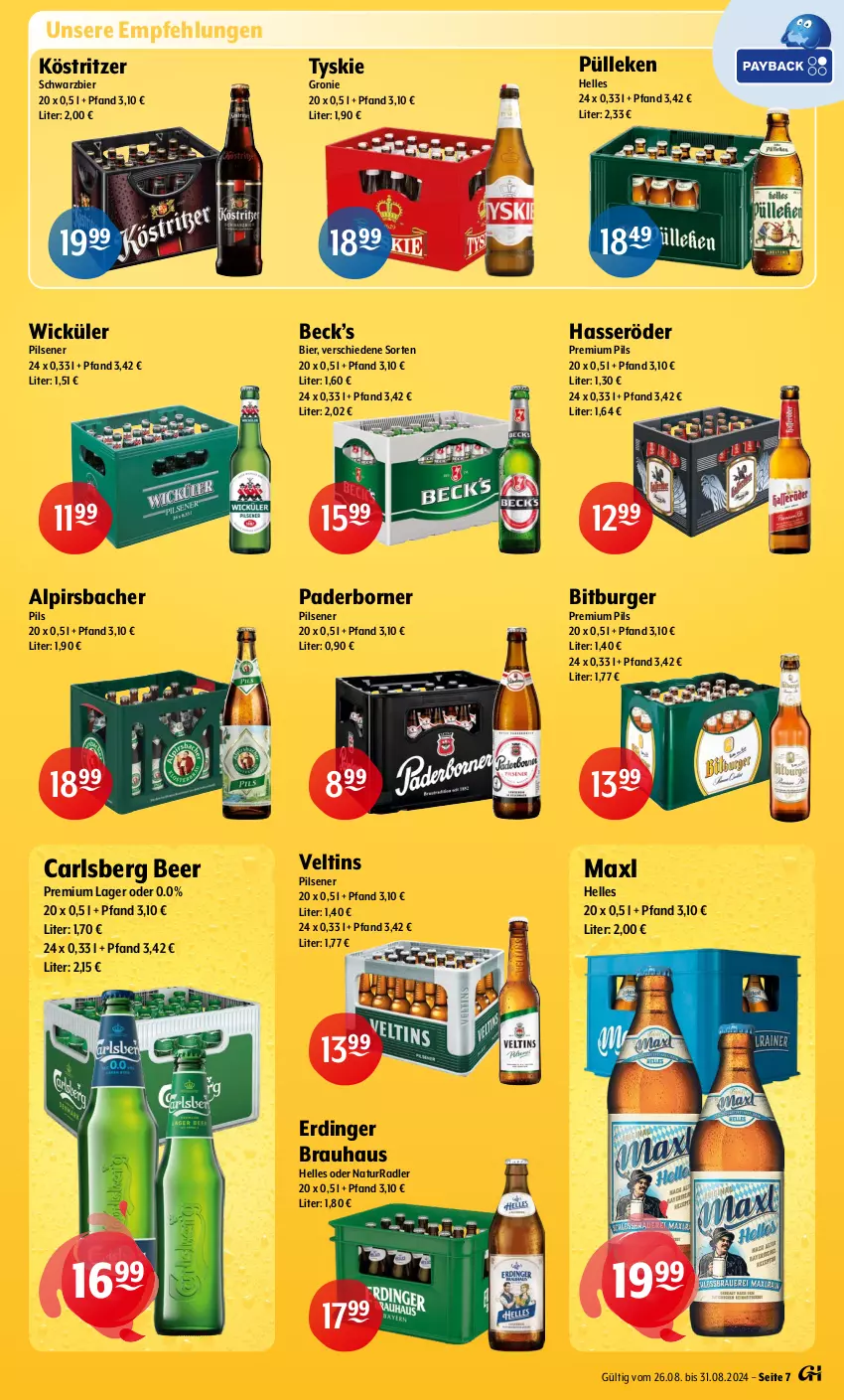 Aktueller Prospekt Getraenke Hoffmann - Prospekte - von 26.08 bis 31.08.2024 - strona 7 - produkty: Alpirsbacher, bier, bitburger, burger, carlsberg, carlsberg beer, elle, erdinger, hasseröder, köstritzer, natur, pils, pilsener, premium pils, radler, Ti, tyskie, veltins, WICK