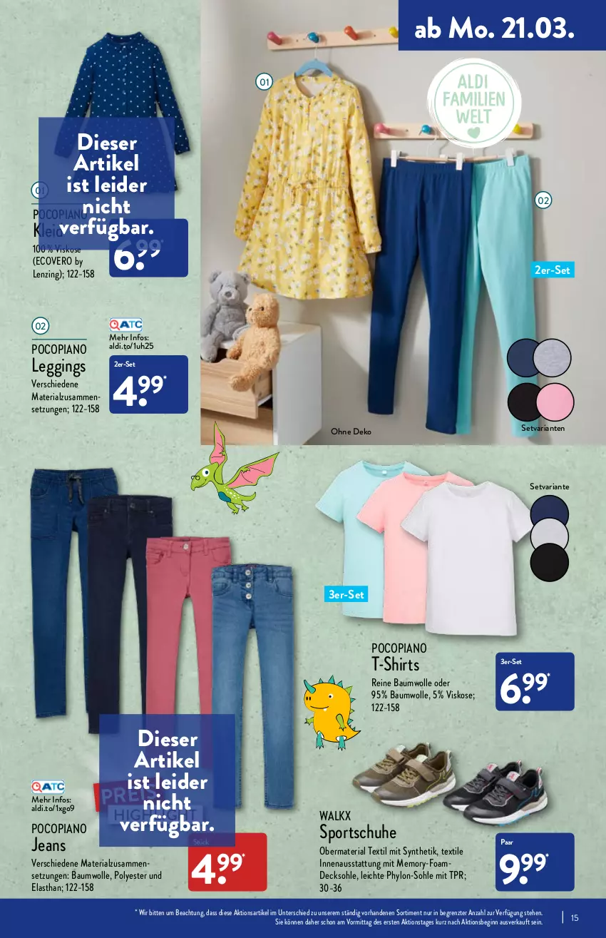 Aktueller Prospekt Aldi Nord - Aldi-Vorschau - von 21.03 bis 26.03.2022 - strona 15 - produkty: aldi, Bau, baumwolle, decksohle, ecovero, gin, Hylo, jeans, kleid, leggings, lenzing, pocopiano, reine baumwolle, Ria, schuhe, shirt, shirts, Sport, sportschuhe, T-Shirt, Ti, walkx, wolle, ZTE