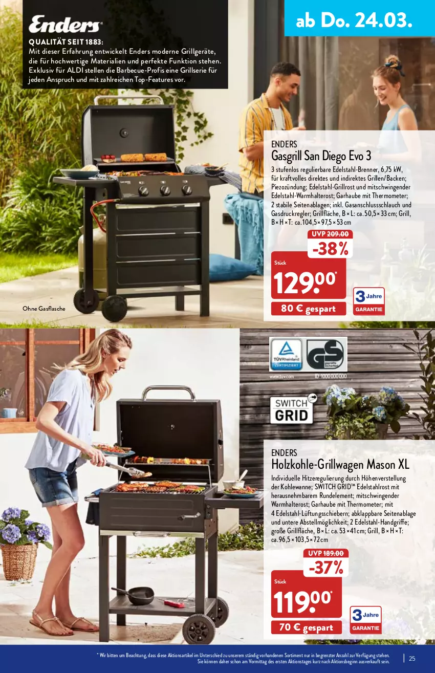 Aktueller Prospekt Aldi Nord - Aldi-Vorschau - von 21.03 bis 26.03.2022 - strona 25 - produkty: aldi, barbecue, edelstahl, elle, enders, flasche, gasgrill, gin, grill, grillfläche, grillrost, Holz, holzkohle, kraft, LG, mit thermometer, Mode, Ria, schlauch, thermometer, Ti, Wanne, WICK, ZTE