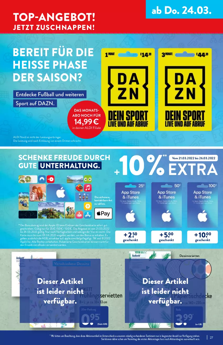 Aktueller Prospekt Aldi Nord - Aldi-Vorschau - von 21.03 bis 26.03.2022 - strona 27 - produkty: angebot, Apple, decke, erde, gin, papier, Ria, rwe, Serviette, servietten, Ti, tisch, tischdecke, top-angebot, usb, ZTE