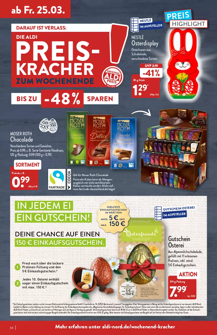 Aktueller Prospekt Aldi Nord - Aldi-Vorschau - von 21.03 bis 26.03.2022 - strona 34 - produkty: aldi, alpenmilch, cola, eis, Elektro, elle, erde, gutschein, gutscheine, haselnuss, kakao, kracher, LG, Liege, milch, moser, Moser Roth, nestlé, nuss, pralinen, reis, sac, schoko, schokolade, teller, Ti, usb