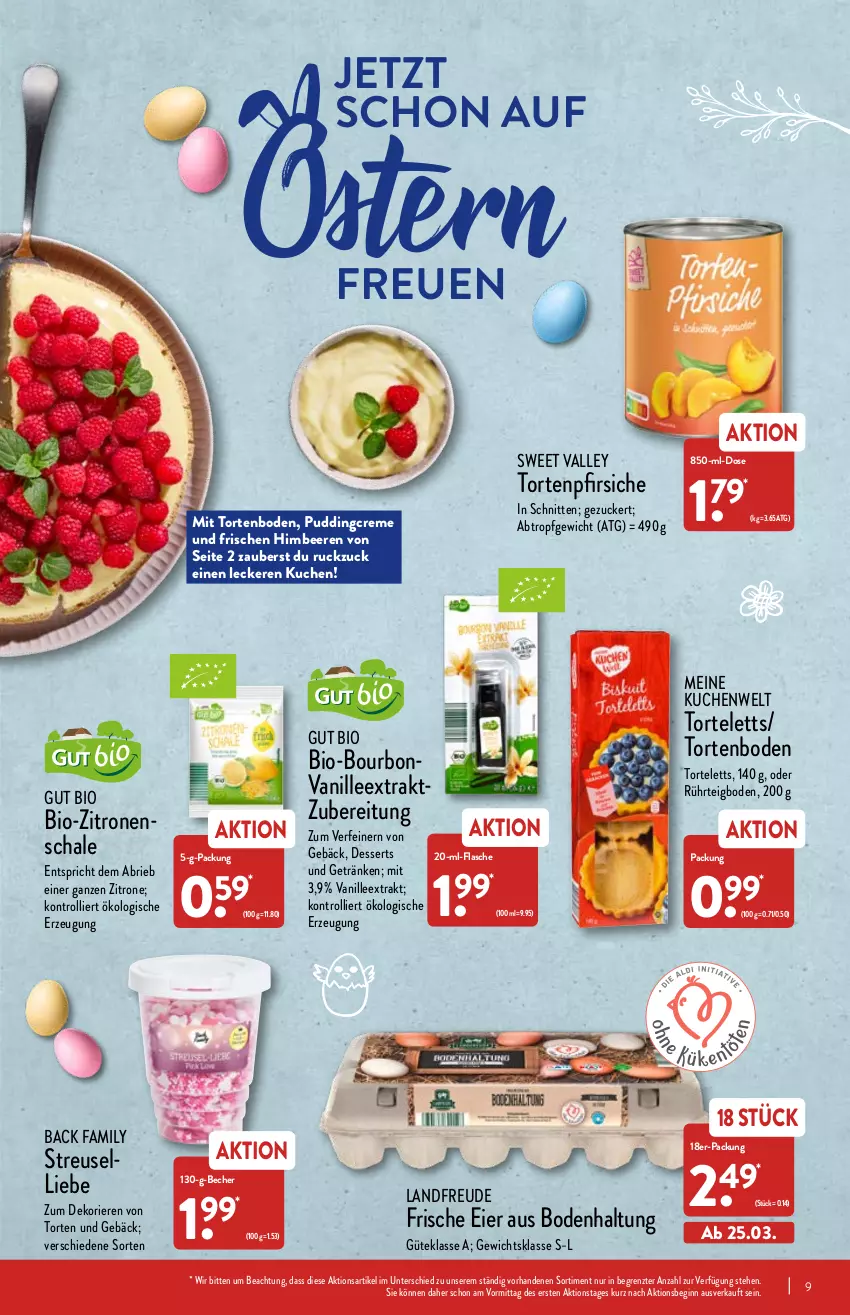 Aktueller Prospekt Aldi Nord - Aldi-Vorschau - von 21.03 bis 26.03.2022 - strona 9 - produkty: Becher, beere, beeren, bio, bio-zitronen, bourbon, brie, creme, dessert, desserts, eier, flasche, getränk, getränke, gin, himbeer, himbeere, himbeeren, kuchen, pfirsich, pfirsiche, pudding, Schal, Schale, schnitten, Ti, torte, trolli, vanille, zitrone, zitronen, ZTE, zucker