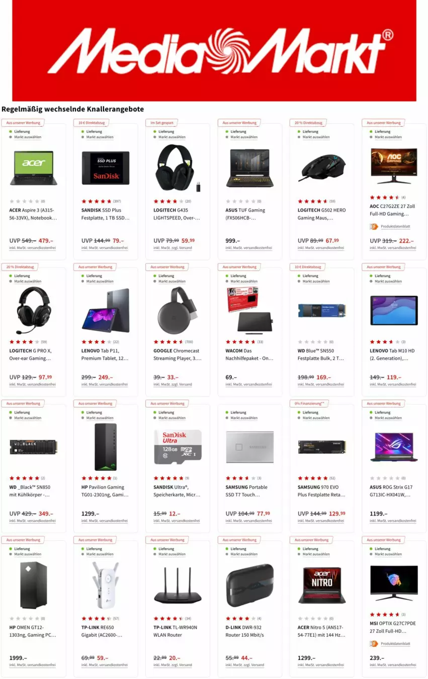 Aktueller Prospekt Media Markt - Prospekte - von 23.02 bis 02.03.2022 - strona 1 - produkty: acer, angebot, angebote, asus, festplatte, gaming maus, Gaming PC, hero, HP, lack, latte, lenovo, lion, logitech, Maus, ndk, notebook, Router, Samsung, sandisk, spee, speicherkarte, ssd, tablet, Ti, TP-Link