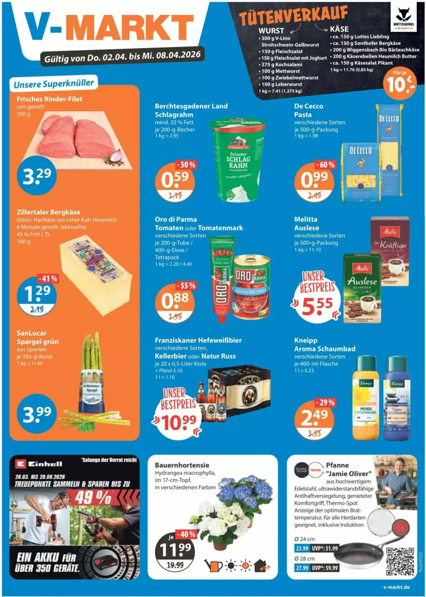 Aktueller Prospekt Vmarkt - Prospekte - von 02.04 bis 08.04.2026 - strona 1 - produkty: auer, Bad, Bau, Bauer, Becher, Bergkäse, bett, Betten, bier, butter, dip, edelstahl, eis, elle, filet, fleisch, fleischsalat, franziskaner, hartkäse, Hefe, herdarten, Heu, heumilch, hortensie, hydrangea, hydrangea macrophylla, joghur, joghurt, Käse, Käserebellen, kellerbier, kneipp, LG, mac, melitta, milch, natur, olive, pasta, pfanne, rebell, rind, rinder, salat, schaumbad, schlagrahm, schwein, spargel, spargel grün, tee, Ti, tomate, tomaten, tomatenmark, topf, wein, wurst