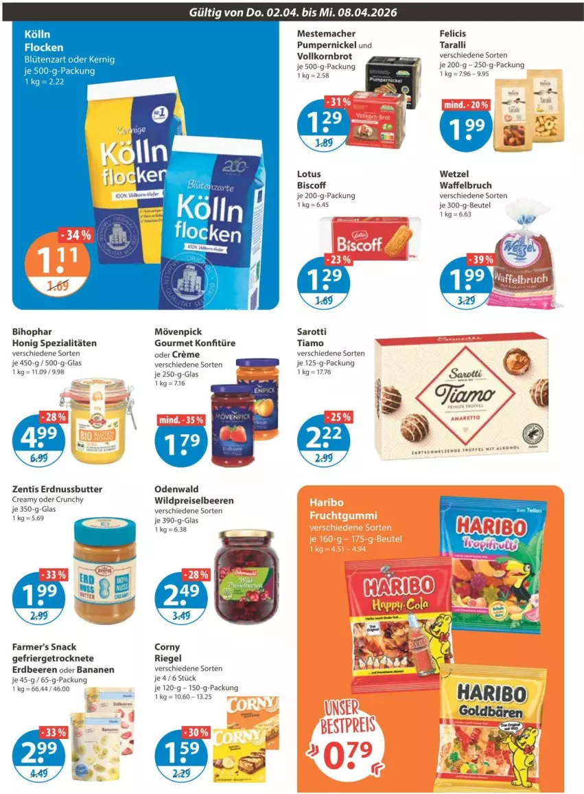 Aktueller Prospekt Vmarkt - Prospekte - von 02.04 bis 08.04.2026 - strona 10 - produkty: banane, bananen, beere, beeren, beutel, bihophar, biscoff, Blüte, brot, butter, corny, creme, eis, erdbeere, erdbeeren, erdnuss, Erdnussbutter, honig, konfitüre, korn, Kornbrot, mac, mestemacher, mövenpick, nuss, odenwald, Pumpernickel, reis, riegel, saro, sarotti, snack, Spezi, tee, Ti, vollkornbrot, Waffelbruch, Wild, zentis