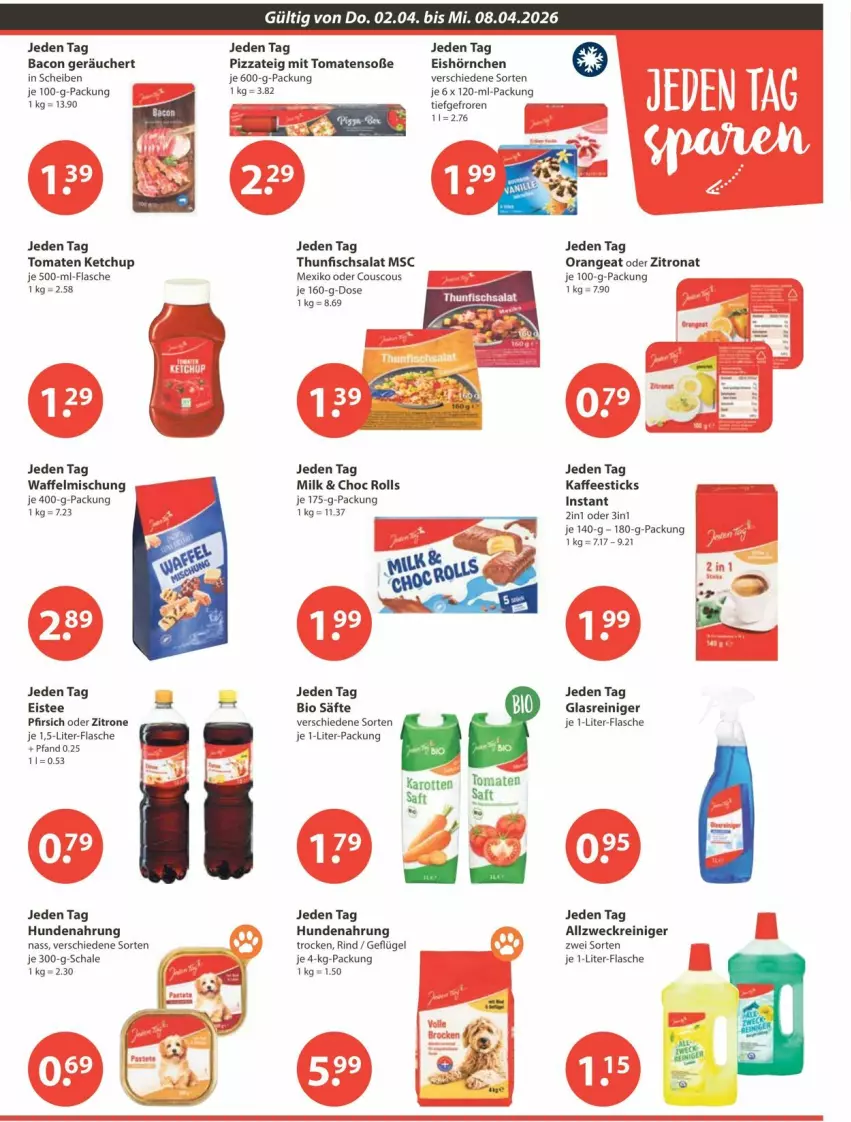 Aktueller Prospekt Vmarkt - Prospekte - von 02.04 bis 08.04.2026 - strona 13 - produkty: allzweckreiniger, bacon, bio, couscous, eis, eistee, fisch, flasche, Geflügel, Glasreiniger, hörnchen, hundenahrung, je 1-liter-flasche, kaffee, karotten, ketchup, orange, pfirsich, pizza, Pizzateig, reiniger, rind, saft, säfte, salat, Schal, Schale, Soße, tee, thunfisch, Thunfischsalat, Ti, tomate, tomaten, tomaten ketchup, weck, zitrone