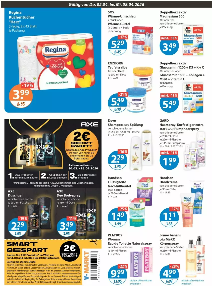 Aktueller Prospekt Vmarkt - Prospekte - von 02.04 bis 08.04.2026 - strona 16 - produkty: aust, axe, beutel, bruno banani, creme, doppelherz, dove, eau de toilette, eis, flasche, flüssigseife, Glucosamin, haarspray, handcreme, Kollagen, Körperspray, magnesium, Mexx, natur, natura, Playboy, Seife, shampoo, shampoo oder spülung, spülung, tablet, tablett, Tablette, Ti, vita, Vitamin C