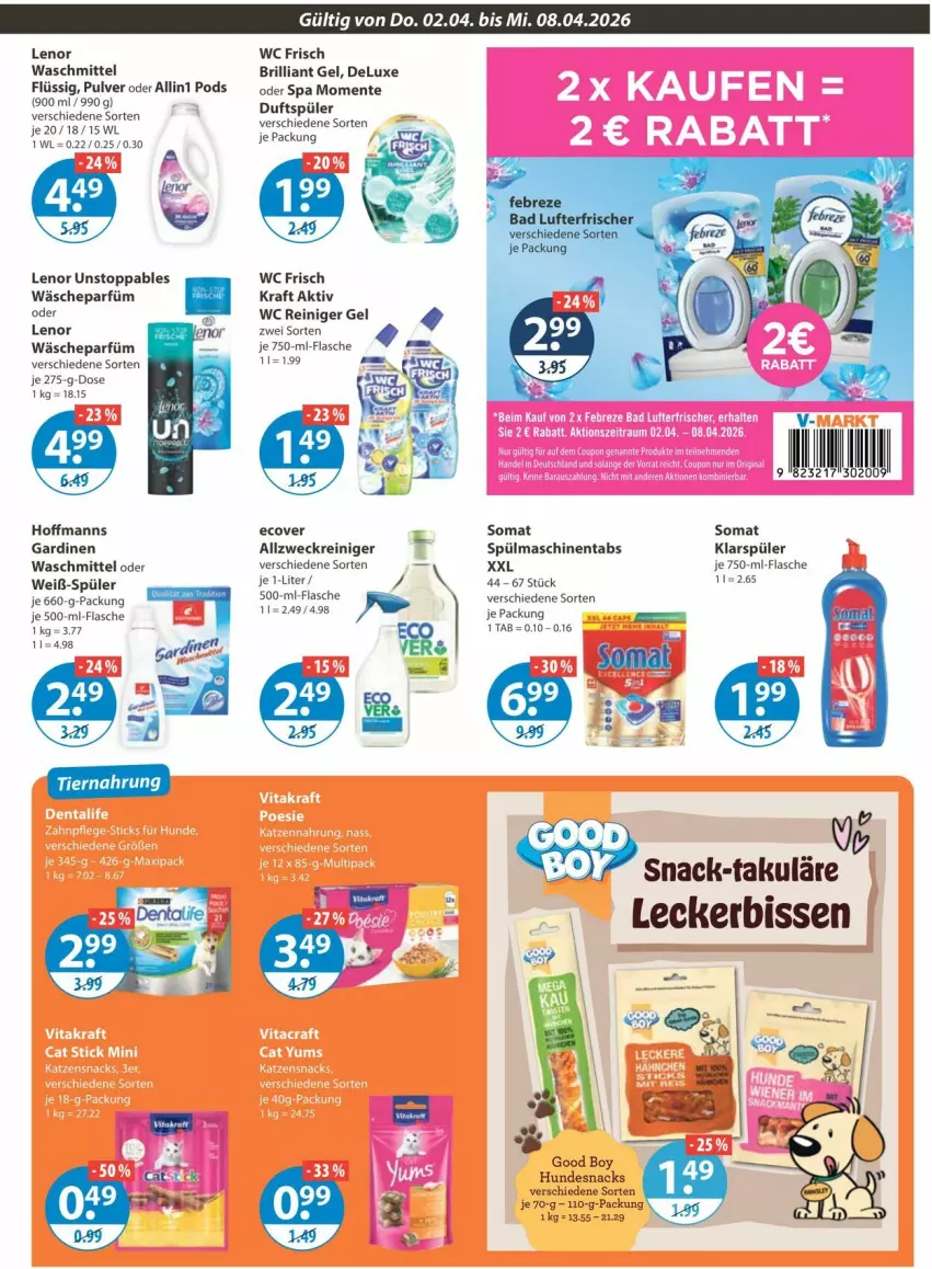 Aktueller Prospekt Vmarkt - Prospekte - von 02.04 bis 08.04.2026 - strona 17 - produkty: allzweckreiniger, ente, flasche, Gardinen, hundesnack, hundesnacks, klarspüler, kraft, lenor, lenor waschmittel, Pods, reiniger, reiniger gel, snack, snacks, somat, spülmaschinen, spülmaschinentabs, Ti, wäscheparfüm, waschmittel, wc frisch, WC Frisch Kraft Aktiv, weck