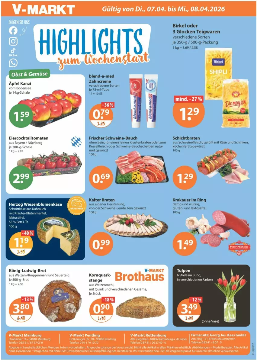 Aktueller Prospekt Vmarkt - Prospekte - von 02.04 bis 08.04.2026 - strona 24 - produkty: alle artikel ohne dekoration, angebot, angebote, auer, Bau, bauchscheiben, birkel, blend-a-med, blume, blumen, braten, brot, cocktail, creme, dekoration, dell, eier, eis, elle, fleisch, gewürz, je 500-g-brot, kaes, Käse, korn, krakauer, krustenbraten, küche, Küchen, mehl, milch, Mode, natur, quark, reis, ring, rwe, Schal, Schale, schinken, schnittkäse, schwein, schweine, schweine-bauch, schweine-bauchscheiben, schweinefleisch, teigwaren, telefon, teller, Ti, tomate, tomaten, Vase, wein, weine, weizenmehl, zahncreme