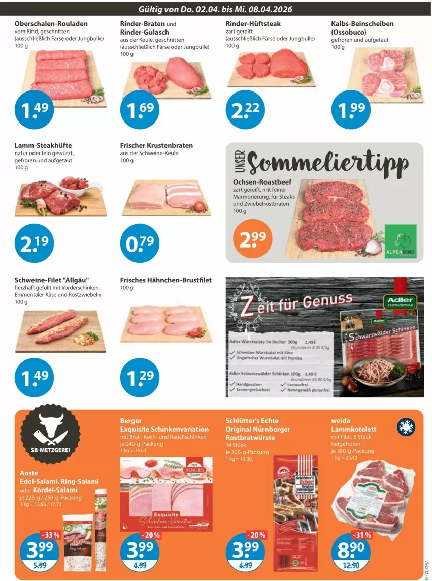 Aktueller Prospekt Vmarkt - Prospekte - von 02.04 bis 08.04.2026 - strona 3 - produkty: Becher, beef, braten, brustfilet, emmentaler, filet, gewürz, gulasch, hähnchen-brustfilet, hüftsteak, Käse, krustenbraten, lamm, LG, mit paprika, natur, paprika, rind, rinder, roastbeef, röstzwiebeln, rouladen, salat, salate, Schal, Schale, schinken, schnitten, schwarzwälder schinken, schwein, schweine, schweine-filet, steak, steakhüfte, steaks, Ti, wein, weine, wurst, zwiebel, zwiebeln