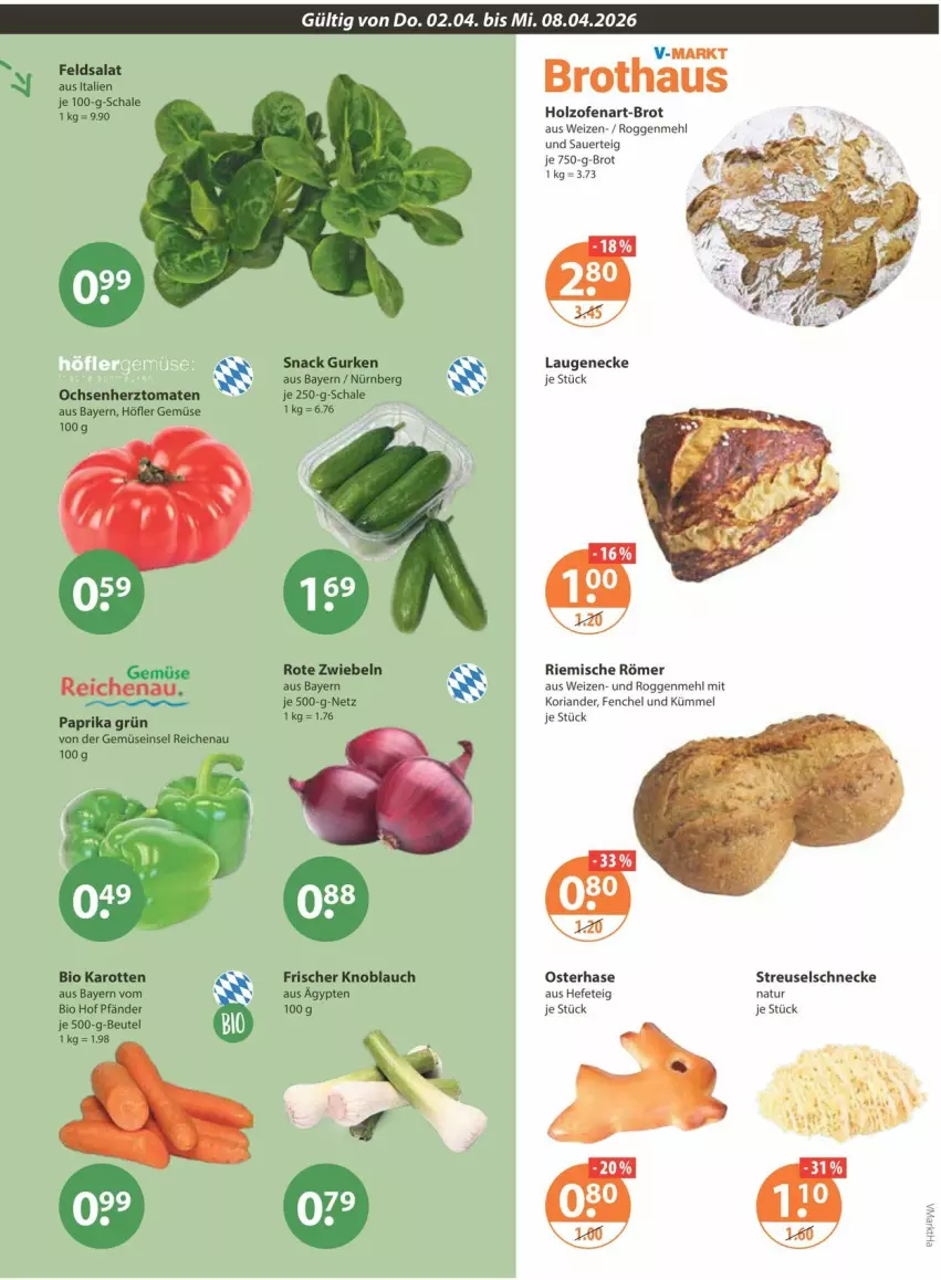 Aktueller Prospekt Vmarkt - Prospekte - von 02.04 bis 08.04.2026 - strona 5 - produkty: auer, beutel, bio, brot, fenchel, gurke, gurken, Hefe, Holz, je 750-g-brot, karotten, knoblauch, Koriander, Laugeneck, mehl, natur, Ofen, paprika, Ria, Rote Zwiebel, Schal, Schale, snack, Ti, tomate, tomaten, zwiebel, zwiebeln