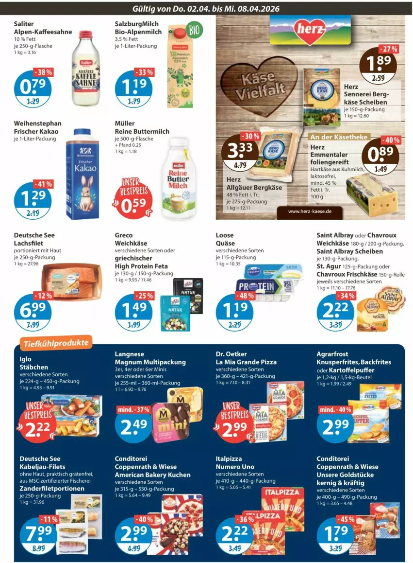 Aktueller Prospekt Vmarkt - Prospekte - von 02.04 bis 08.04.2026 - strona 7 - produkty: agrarfrost, albray, alpenmilch, Bergkäse, beutel, bio, butter, buttermilch, chavroux, coppenrath, elle, emmentaler, feta, filet, filets, fisch, fische, Fischer, flasche, frischkäse, Goldstücke, je 250-g-packung, kaffee, kakao, Käse, kuchen, lachs, lachsfilet, langnese, LG, Loose, magnum, milch, Müller, pizza, quäse, reine buttermilch, sahne, saint albray, saliter, salz, SalzburgMilch, Schere, Ti, tisch, weichkäse, weihenstephan, Zander