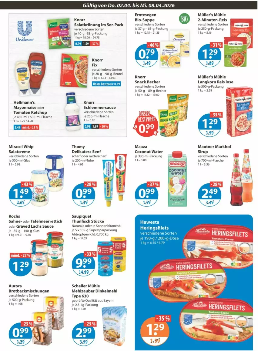 Aktueller Prospekt Vmarkt - Prospekte - von 02.04 bis 08.04.2026 - strona 9 - produkty: Becher, bestpreis, beutel, bio, blume, blumen, blumenöl, brot, coconut, creme, delikatess senf, eis, elle, fisch, flasche, Graved Lachs, hawesta, Hellmann's, je 250-g-packung, ketchup, knorr, korn, lachs, Mautner, mayonnaise, meerrettich, miracel, miracel whip, Müller, natur, natura, reis, Rettich, sahne, salat, salatcreme, salatkrönung, sauce, saupiquet, schlemmersauce, senf, sirup, snack, sonnenblume, sonnenblumen, sonnenblumenöl, suppe, thomy, thunfisch, Ti, tomate, tomaten, tomaten ketchup, Yo