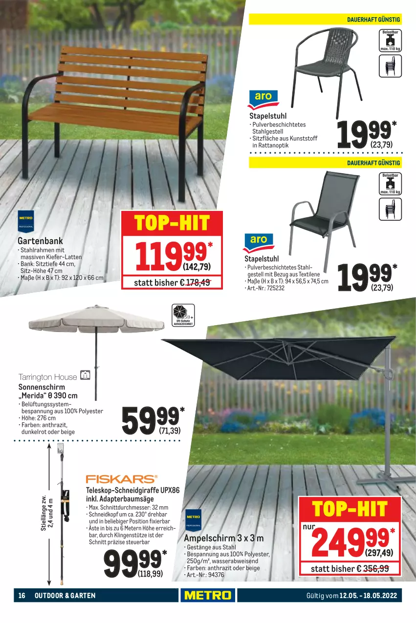 Aktueller Prospekt Metro - NonFood - von 12.05 bis 18.05.2022 - strona 16 - produkty: adapter, ampelschirm, Bank, Bau, eis, Garten, gartenbank, latte, LG, messer, säge, sonnenschirm, stapelstuhl, stuhl, Teleskop, Ti, top-hit, wasser